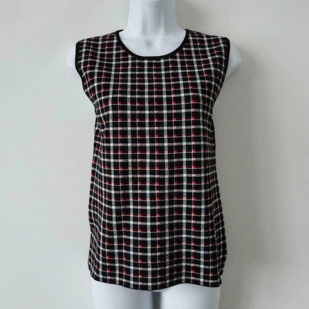 New AKRIS Multi Color Glen Check Crew Neck Sleeveless Knit Top 10
